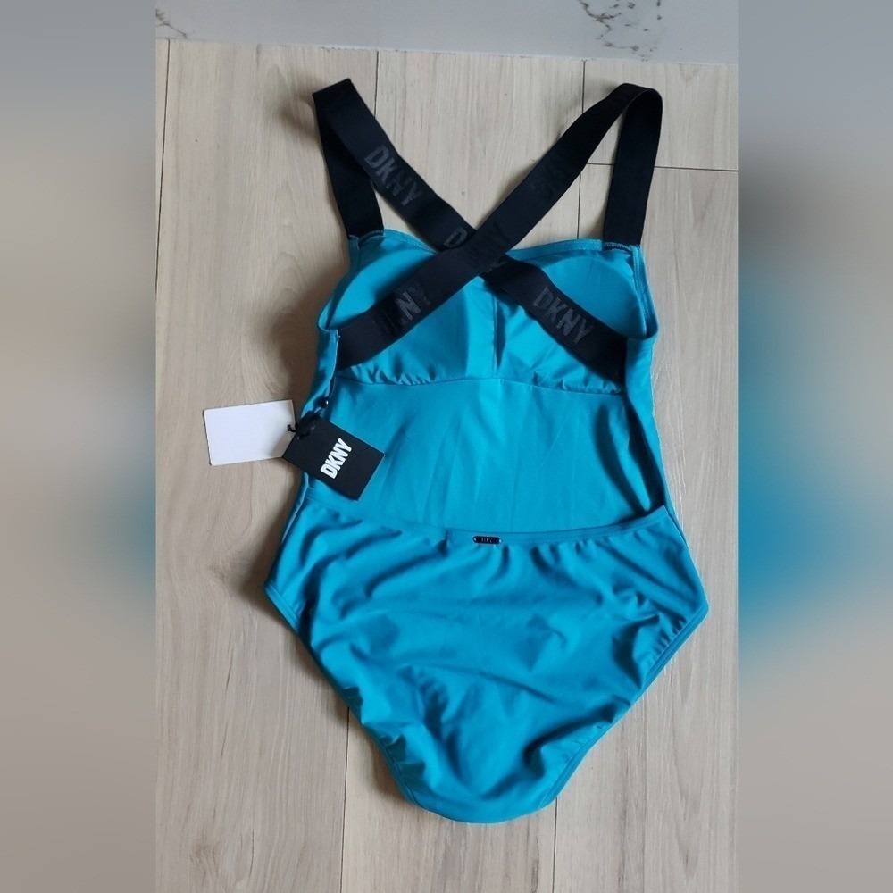 DKNY One Piece Swimsuit Womens L Blue Logo Crossback Straps Athletic Swimwear - Picture 2 of 10